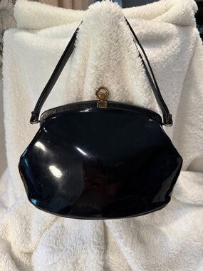 Vintage Black Patent Frame-Top Satchel
